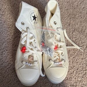 Converse White High-Tops with Red Bead Accents